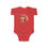 Thumbnail: image of "Cheeky Monkey" infant jersey bodysuit from the front in red