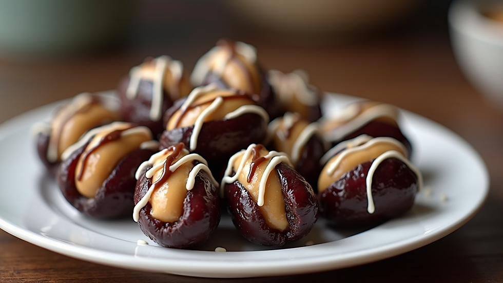 Close-up view of peanut butter stuffed dates drizzled with chocolate