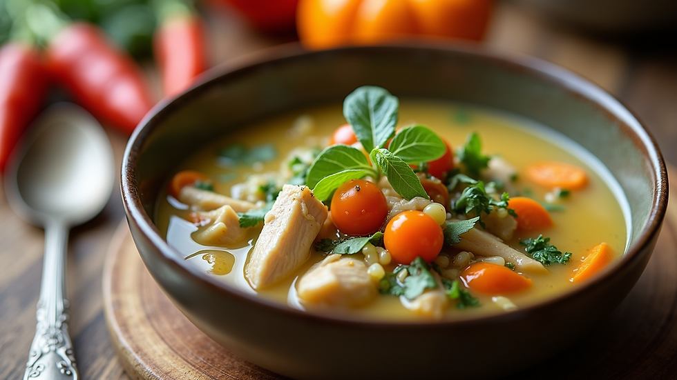 Close-up view of a bowl of chicken and vegetable soup