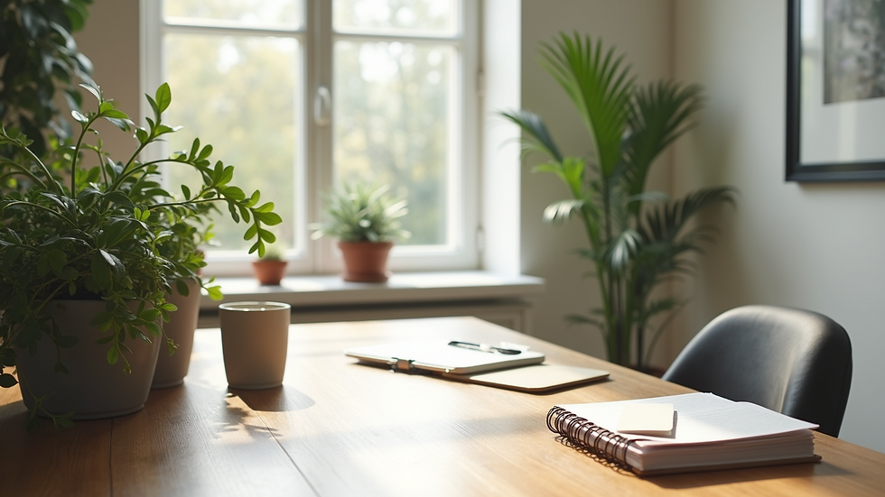 High angle view of a minimalist workspace with natural light and plants