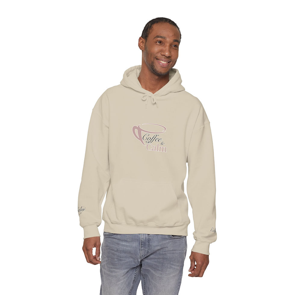Thumbnail: Coffee & Calm Cosy Hoodie from the front in sand with a man wearing it