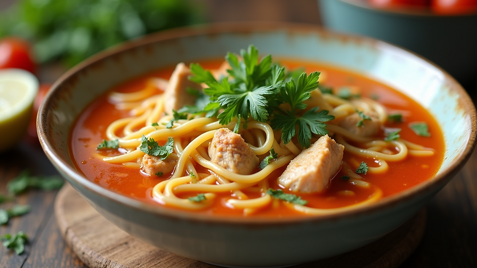 High angle view of chicken noodle soup with fresh herbs
