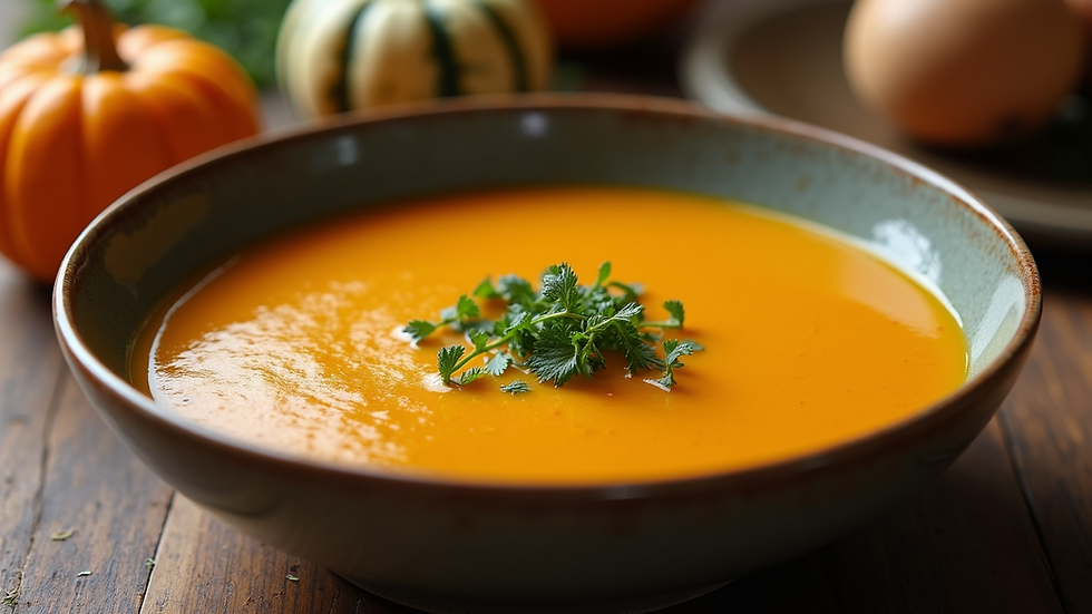 Close-up view of a warm bowl of butternut squash soup