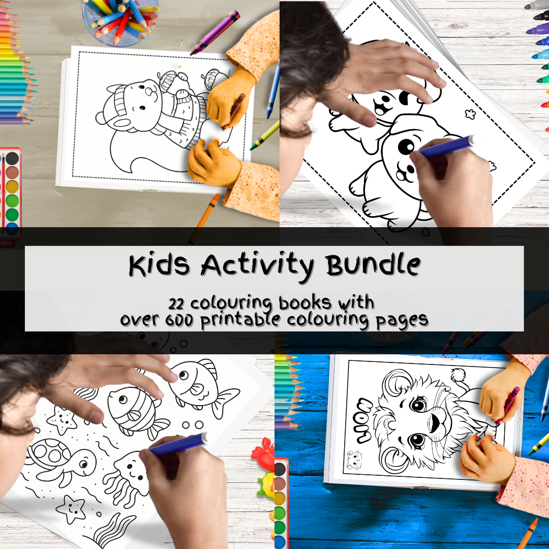 image showing children colouring in a selection of the printing pages from the Kids Activity Bundle