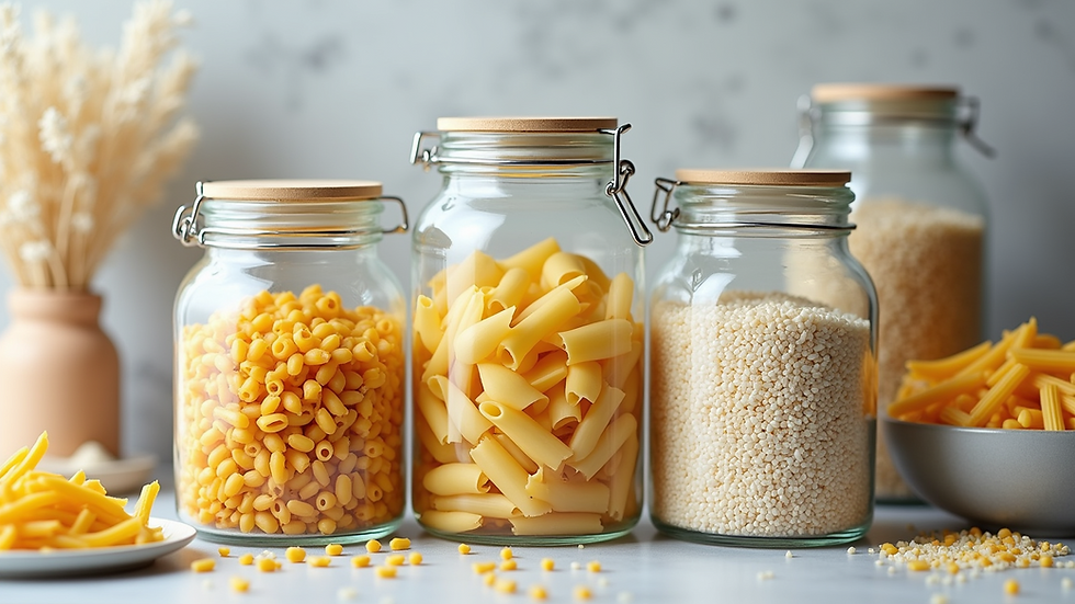Close-up view of clear storage jars filled with pasta and rice