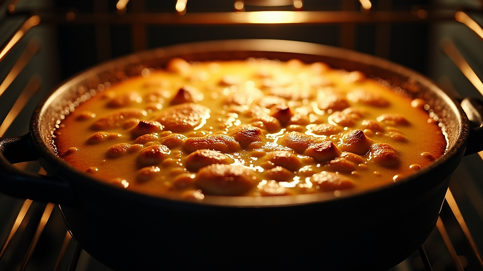 Eye-level view of a bubbling casserole dish in the oven
