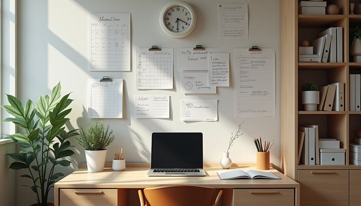 High angle view of a neat family command centre with calendars, notes, and organised supplies