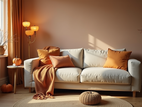 A cosy living room corner with warm lighting and soft throws