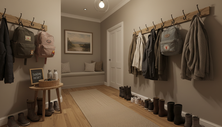 Wide-angle view of a family hallway with school bags, coats, and shoes neatly ready for Monday
