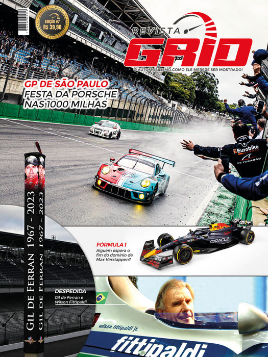 Revista Grid com capa sobre o GP de São Paulo, Festa da Porsche nas 1000 Milhas, com Gil de Ferran e Fittipaldi