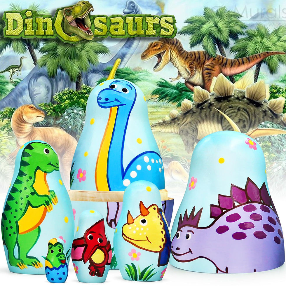 6 piece set of colorful dinosaur nesting dolls