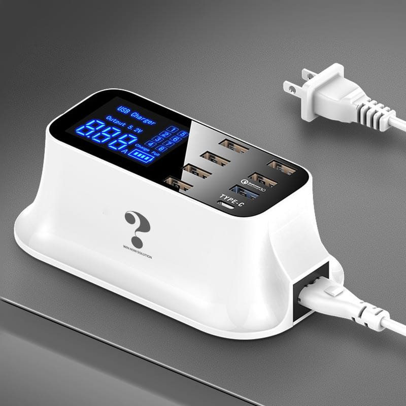 White multi-port USB charger station Type C with LCD display