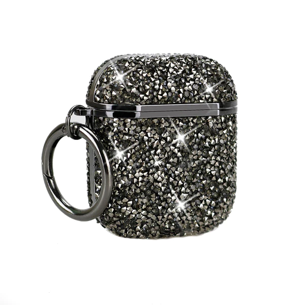 Black diamond glitter AirPods case with keychain ring.