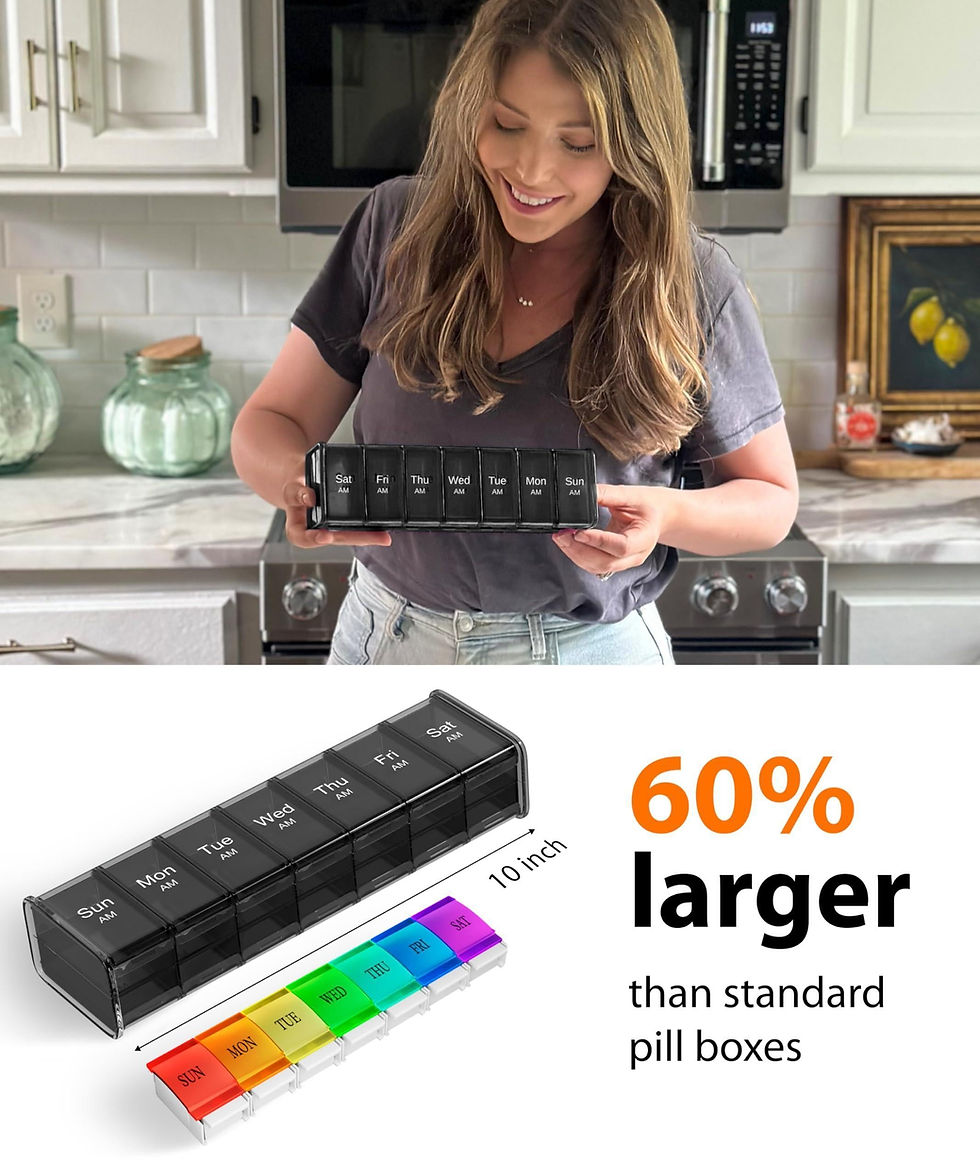 Woman holding black extra large weekly pill organizer.