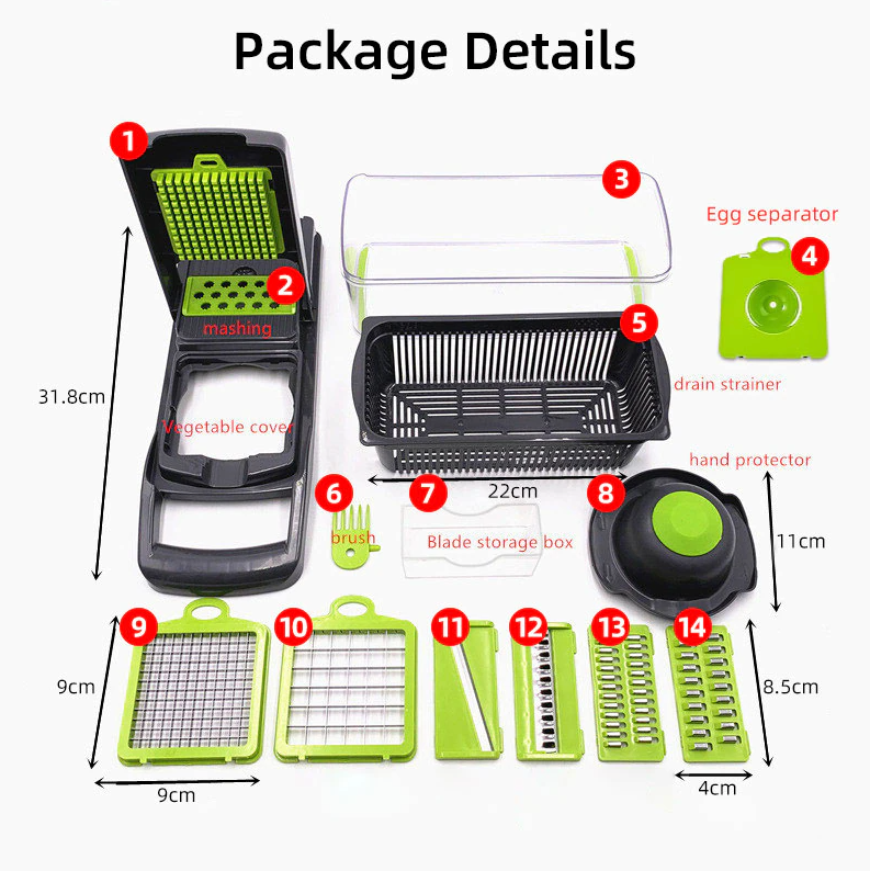Package details of the 15-in-1 vegetable chopper with parts.