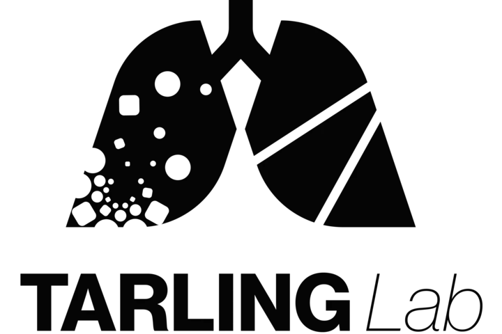 Tarling Lab Logo. Minimalist black lung illustration. Left lobe features concentric geometric negative shapes evoking signaling molecules; right lobe includes line patterns referencing Vallim Lab logo. Text below reads 'Tarling Lab'.