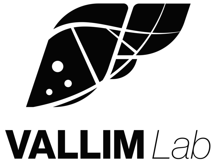 Vallim Lab Logo. Minimalist black liver illustration with negative linework resembling DNA and three small spheres referencing geometric elements from the Tarling Lab logo. Text below reads 'Vallim Lab'.