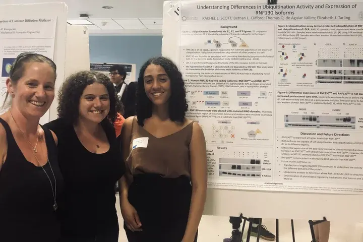 Rachel, Bethan, and Elizabeth in front of a poster presentation.