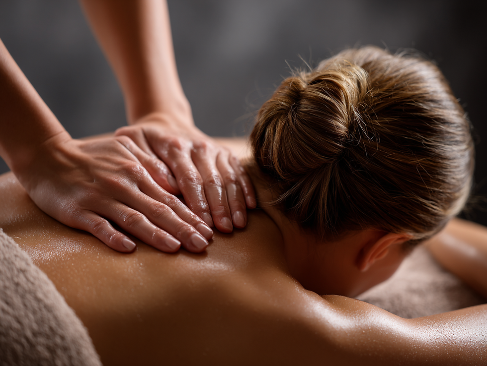 eye-level view of therapist gently massaging a client's shoulder
