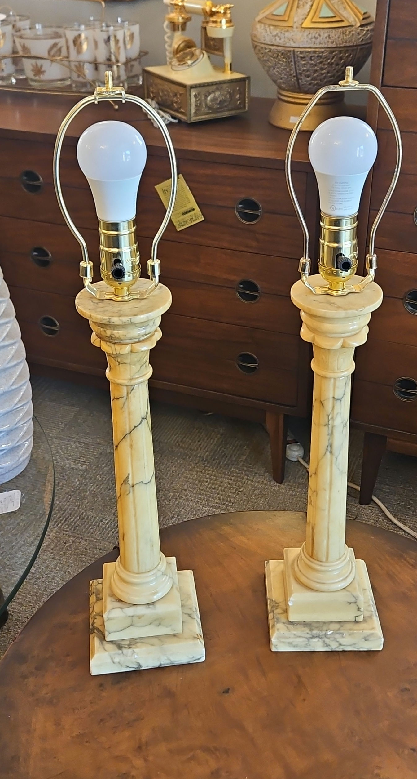 Pair of Vintage Marble Neoclassical Column Table Lamps