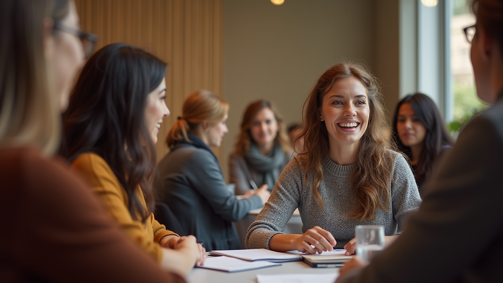 Eye-level view of a group of women engaged in a discussion at a community event
