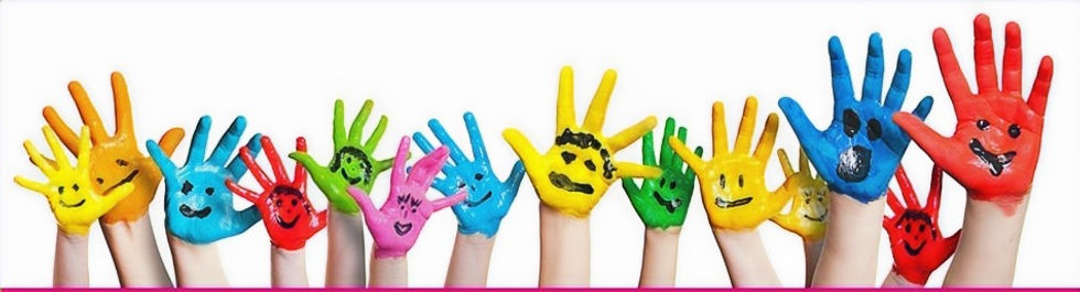 Colorful painted hands with smiling faces symbolizing creative learning and fun preschool