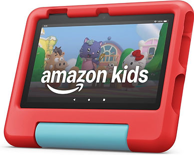Amazon Fire Kids Edition tablet in red and blue case, used for educational games and activities in preschool classrooms
