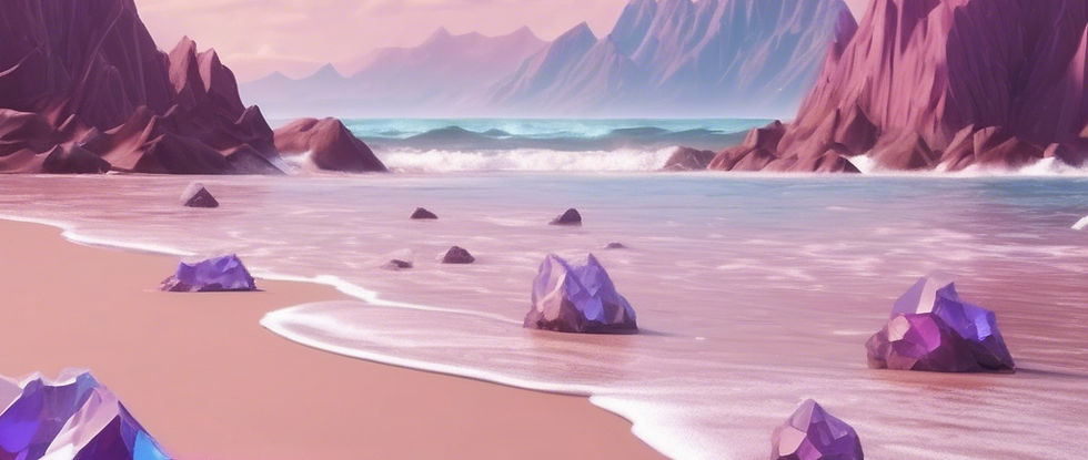 earth tones pastel beach with mountains on a sunny day with purple sand and crystal rocks.