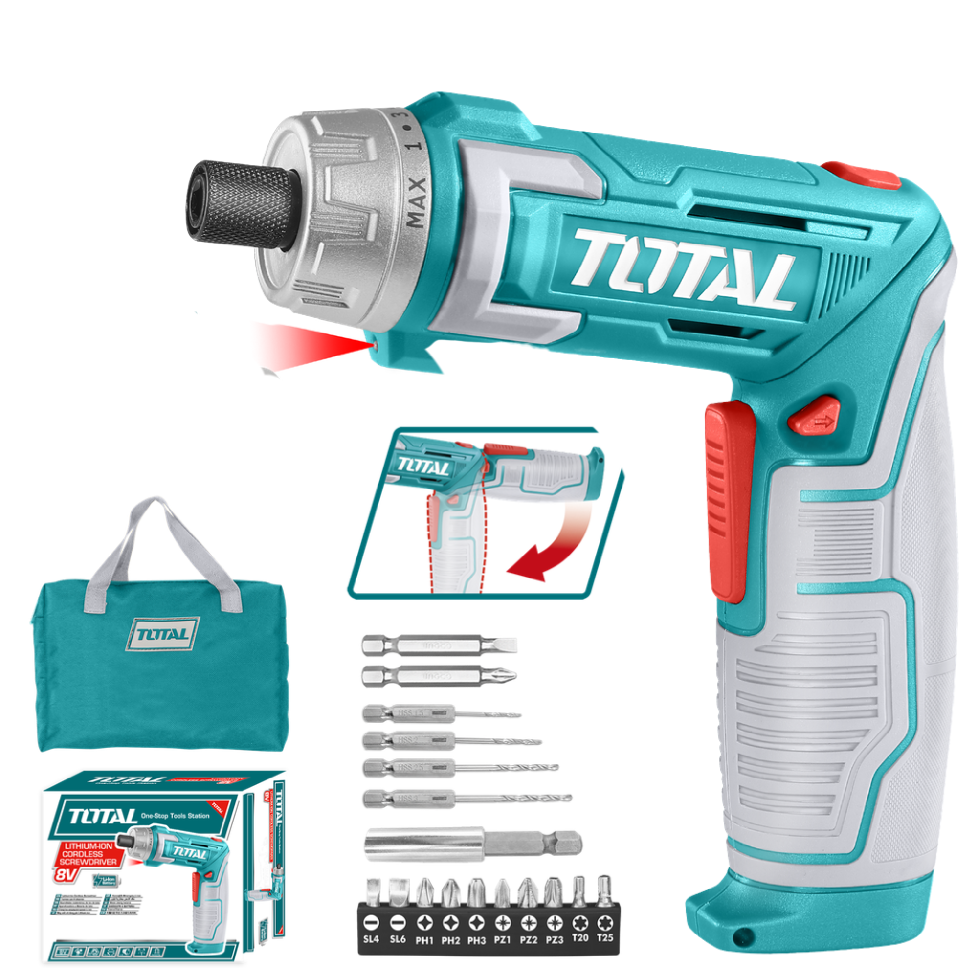 Atornillador inalámbrico de 8V con 17 piezas + maletín de lona Total TSDLI0802