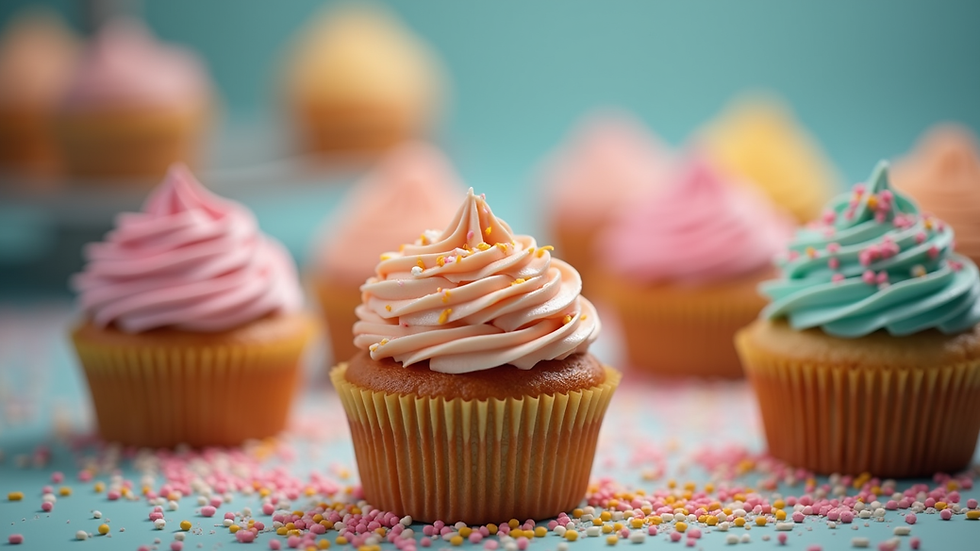 Eye-level view of decorated cupcakes with colourful icing and sprinkles