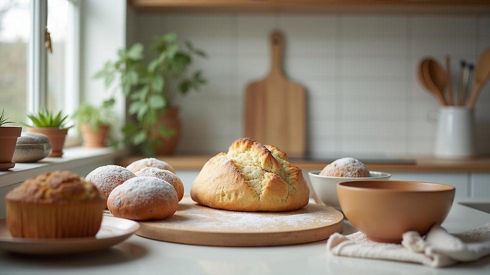 Eye-level view of a kitchen counter with affordable baking essentials arranged neatly