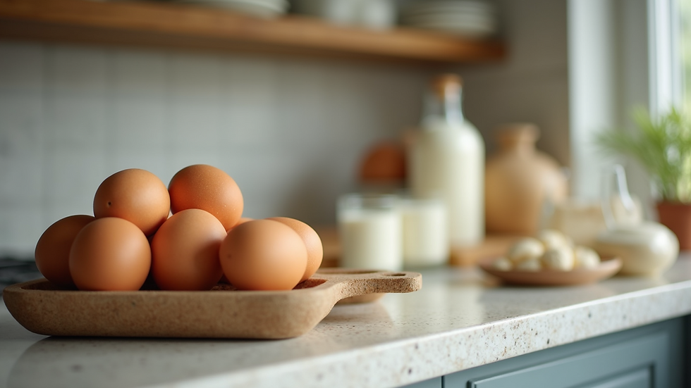 Eye-level view of fresh eggs and dairy products on a countertop