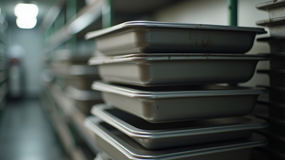 Close-up of affordable baking pans and trays stacked neatly