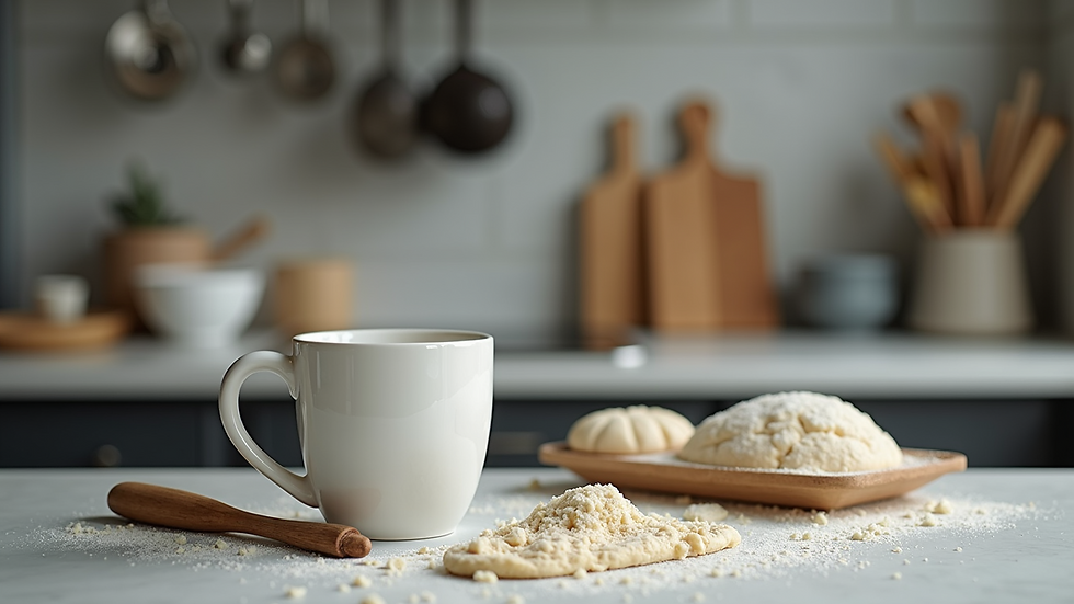 Eye-level view of basic baking tools on a kitchen counter
