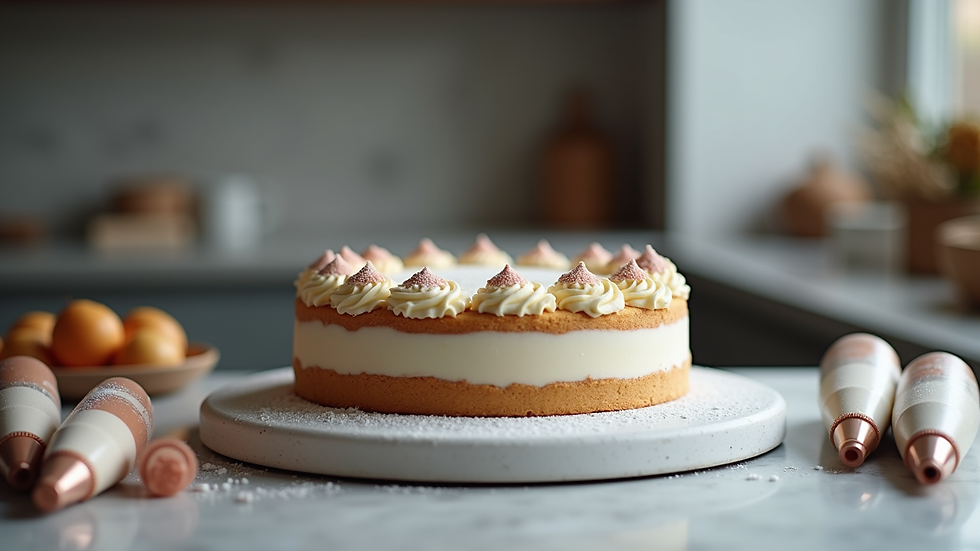 Eye-level view of a decorated cake on a turntable with piping bags and nozzles nearby