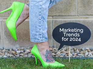 Cinch Communications-branded green high heels with a tattooed foot, "Marketing Trends for 2024".