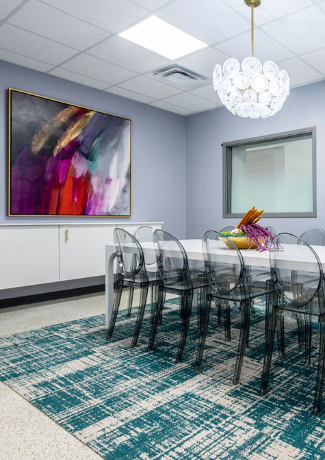 pawparazzi custom wall sign colorful art teal flor rug ghost chairs ikea besta wall cabinets modern conference room commercial design modern floral arrangement modern whimsy interiors edmond oklahoma