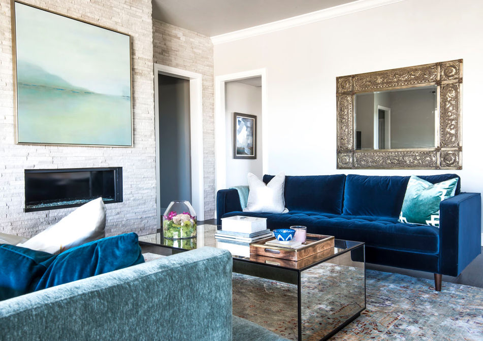 mirrored coffee table navy velvet couch eclectic interior colorful living room modern whimsy interiors edmond oklahoma