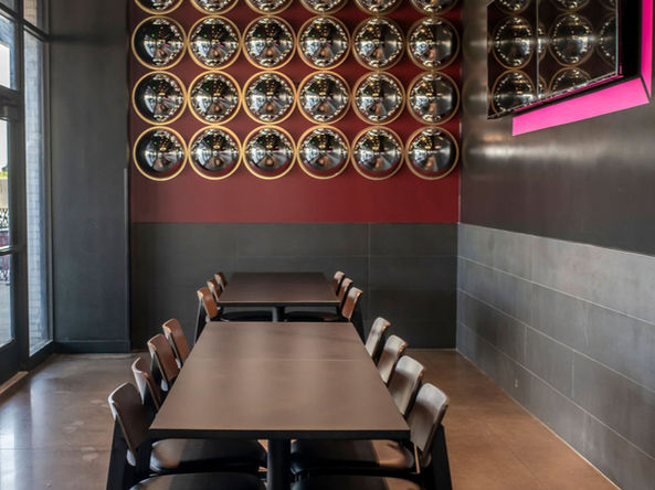 focal point wall with 3d mirror design chandelier lighting large tv for sports tile wainscoting in restaurant design
