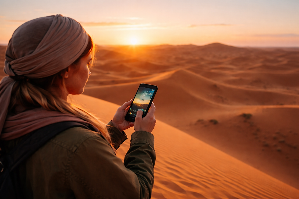 Donna seduta sulle dune di Merzouga che controlla la connettività nel deserto del Marocco sul suo smartphone al tramonto.