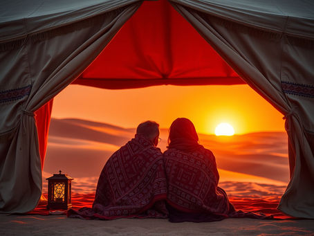 Pareja contemplando el amanecer tras dormir en el desierto del Sahara en una expedición privada.