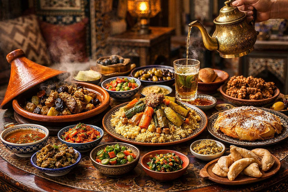 Una tavola marocchina con piatti tradizionali come tajine e couscous, accompagnati da pane, dolci tipici e bicchieri di tè alla menta, in un ambiente caldo e autentico.