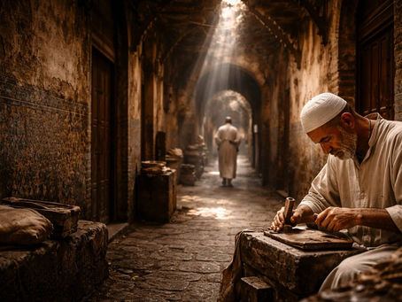 Artigiano nella Medina di Fez in Marocco tra vicoli antichi.