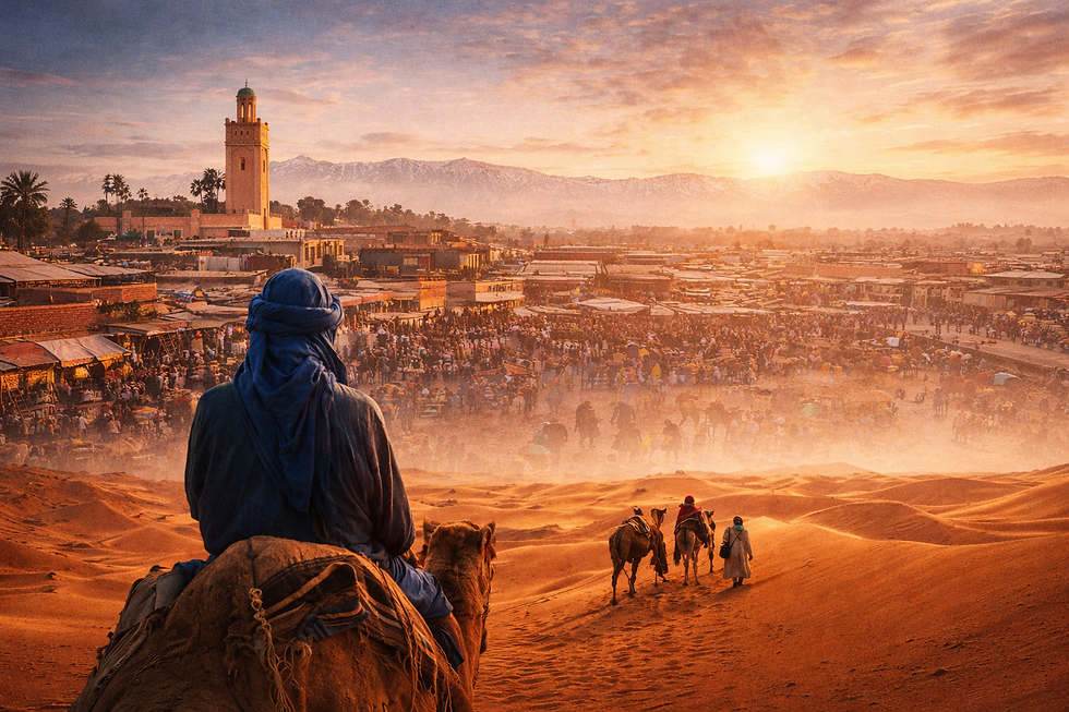 viaggio in Marocco al tramonto tra deserto del Sahara, carovana di cammelli e vista su Marrakech con le montagne dell’Atlante sullo sfondo