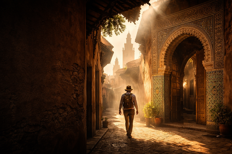 Viaggiarore nei vicoli della Medina di Fès (Fez) con aechitettura tradizionale maeocchina e luce naturale.