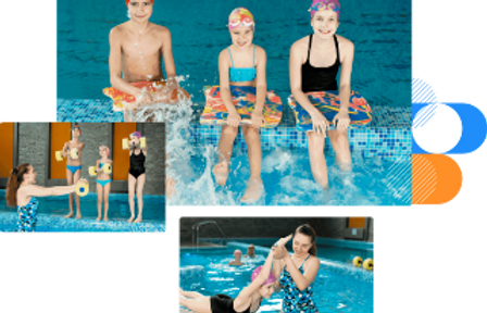 Swimming instructor teaching children swimming techniquesusing a kickboard and barbell