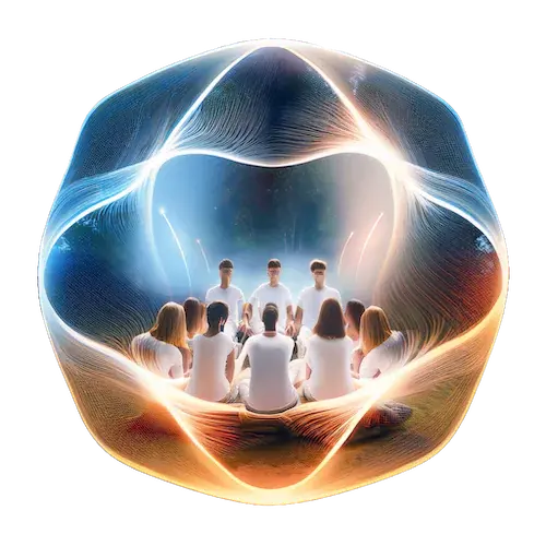 Een vriendengroep die in een cirkel zit, genietend van een moment van verbinding en reflectie.