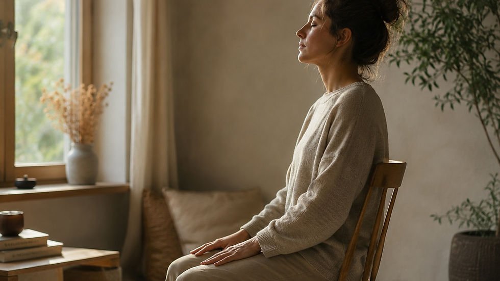 Vrouw zit met gesloten ogen op een stoel en mediteert in een rustige kamer bij het raam, met planten en beige tinten.