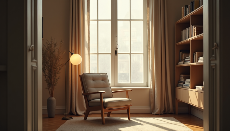 Eye-level view van een serene hoek met een comfortabele stoel en zachte verlichting