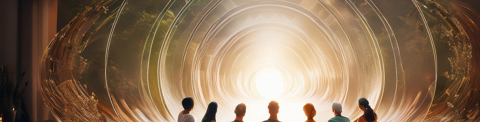 adem groep in een cirkel met licht tunnel in de achtergrond.